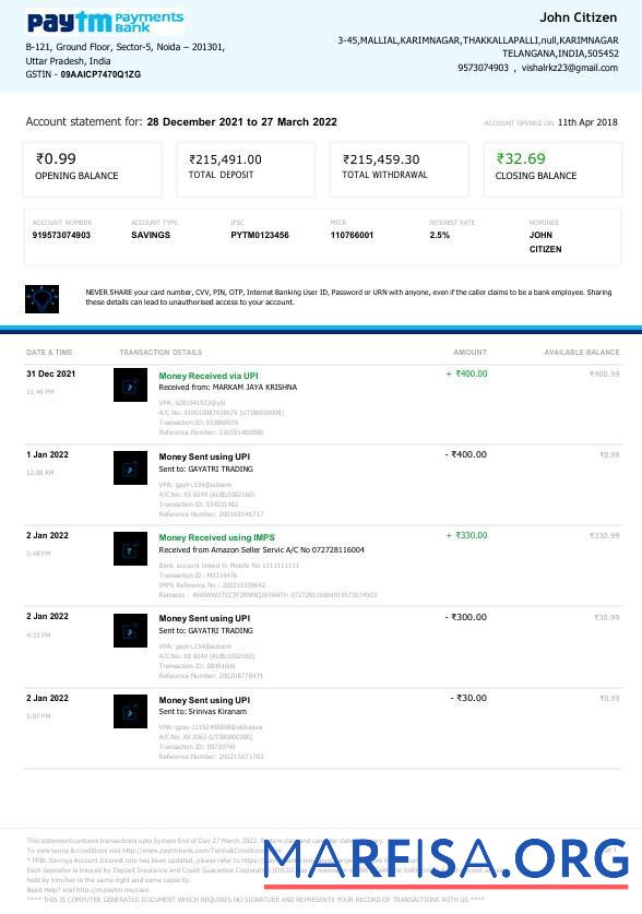 Printable India Paytm Payments bank statement word 1 page example